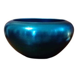 Antique Steuben Blue Aurene Iridescent Peacock Teal Glass 9.25" Squat Centerpiece Bowl For Sale