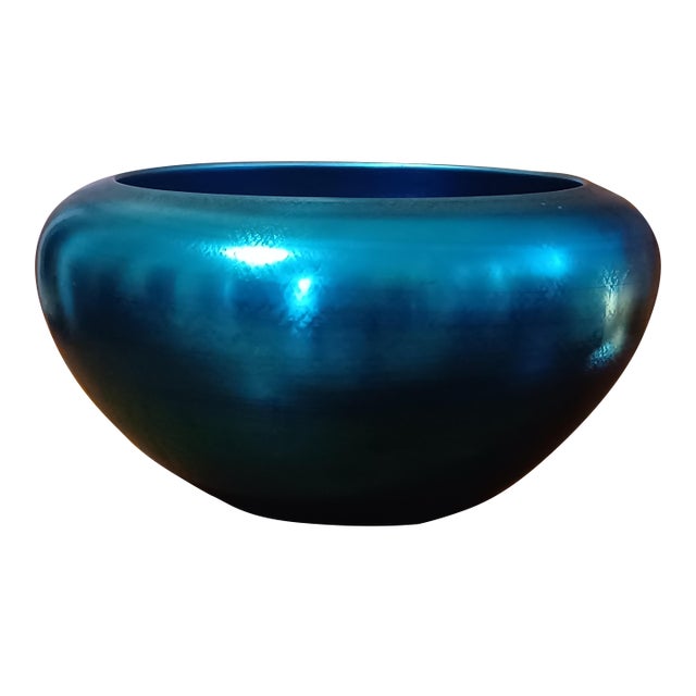 Antique Steuben Blue Aurene Iridescent Peacock Teal Glass 9.25" Squat Centerpiece Bowl For Sale