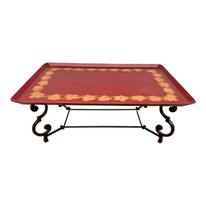 Early 20th Century Hand Painted Red Tole Tray Top and Iron Base Coffee Table
