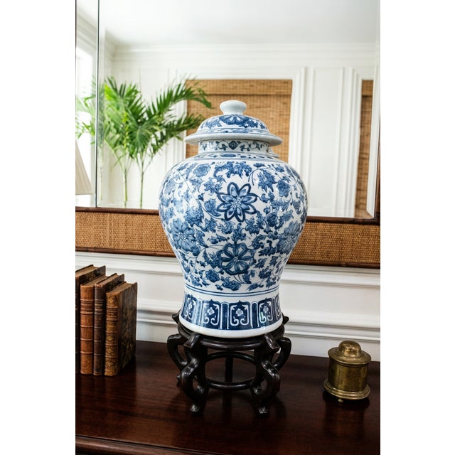 Large Mid 20th Century Hand-Painted Porcelain Ginger Jar on Chinese Wood Stand For Sale - Image 4 of 5
