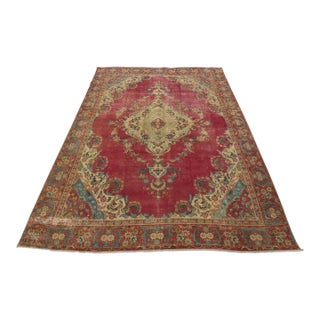 Tabriz Rug 9’5” X 11’9” Pink Wool Vintage Distressed Hand-Knotted Carpet For Sale