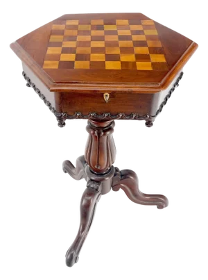 Fine c19th Century Hexagon Shape Lift Top Game Chess Board Lamp Occasional Table