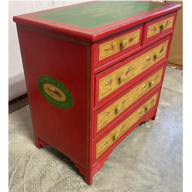 Cabin Vintage "Hardy & Co Trout Flies” Fishing Tackle Themed 5-Drawer Accent Chest For Sale - Image 3 of 11