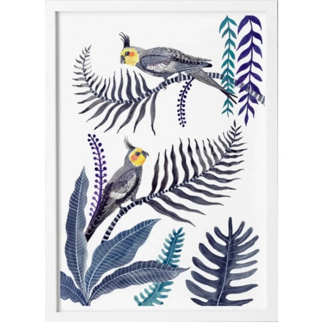 “Cockatiel Forest" Bird and Botanical Signed Limited Edition Print in White Frame For Sale