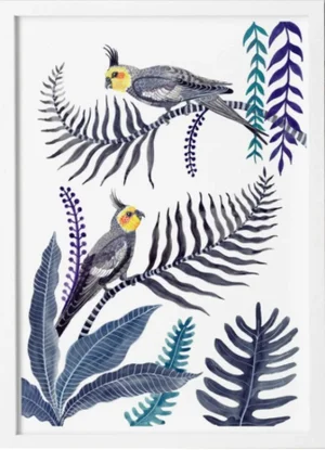 “Cockatiel Forest" Bird and Botanical Signed Limited Edition Print in White Frame