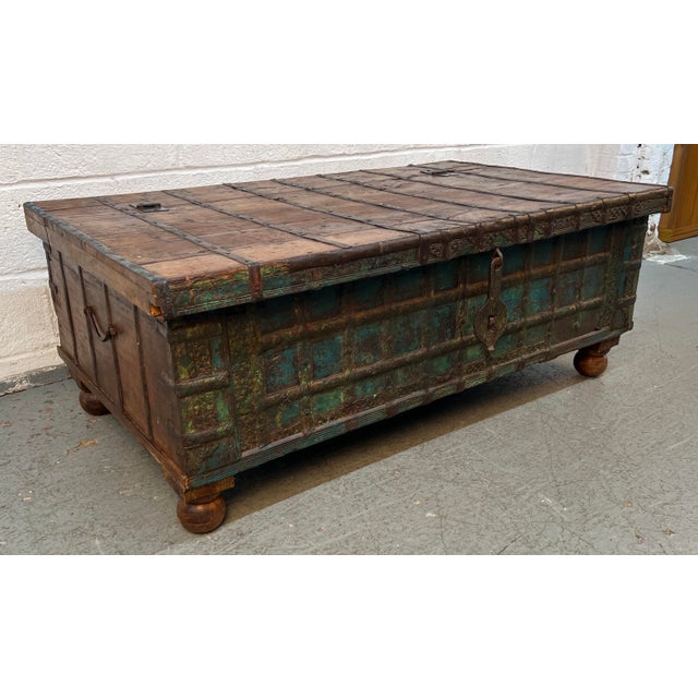Indian Antique Indian Pitara Chest With Turquoise Patina For Sale - Image 3 of 18