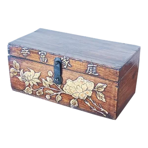 Mid-Century Wooden Chinese Box With Iron Latch in Antique Finish and Lotus Flowers