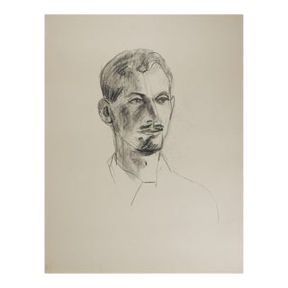 Vintage Mid 20th Century Portrait Charcoal Drawing of Man For Sale