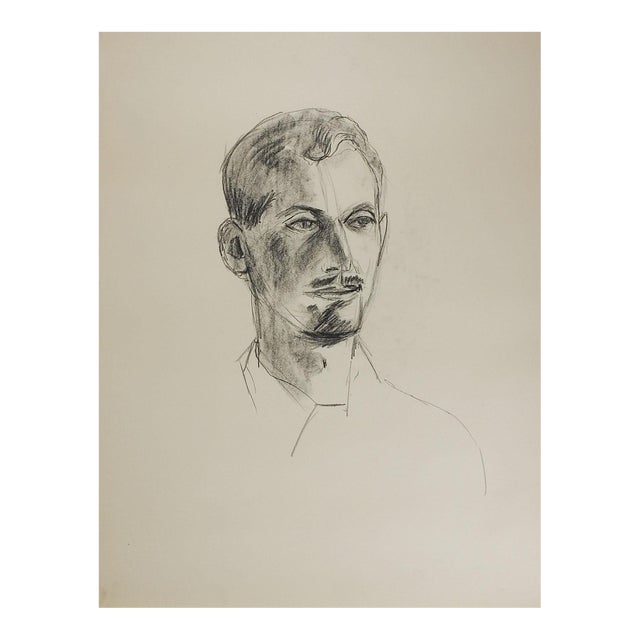 Vintage Mid 20th Century Portrait Charcoal Drawing of Man For Sale