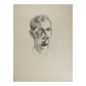Vintage Mid 20th Century Portrait Charcoal Drawing of Man