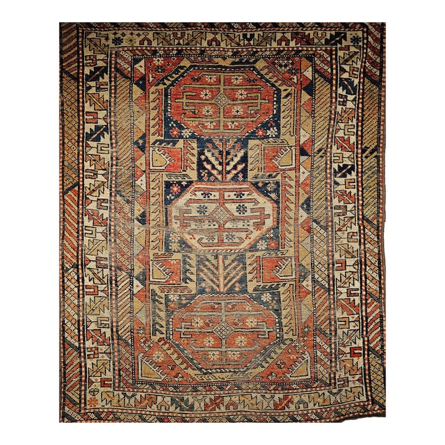 Antique Caucasian Shirvan Area Rug, Wool Pile, Geometric Pattern, 1880s, 4' x 5' For Sale