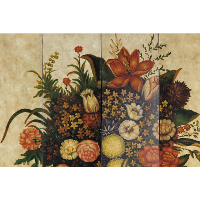 Four-Panel Hand-Painted Folding Screen with Still-Life Floral Composition For Sale - Image 11 of 12