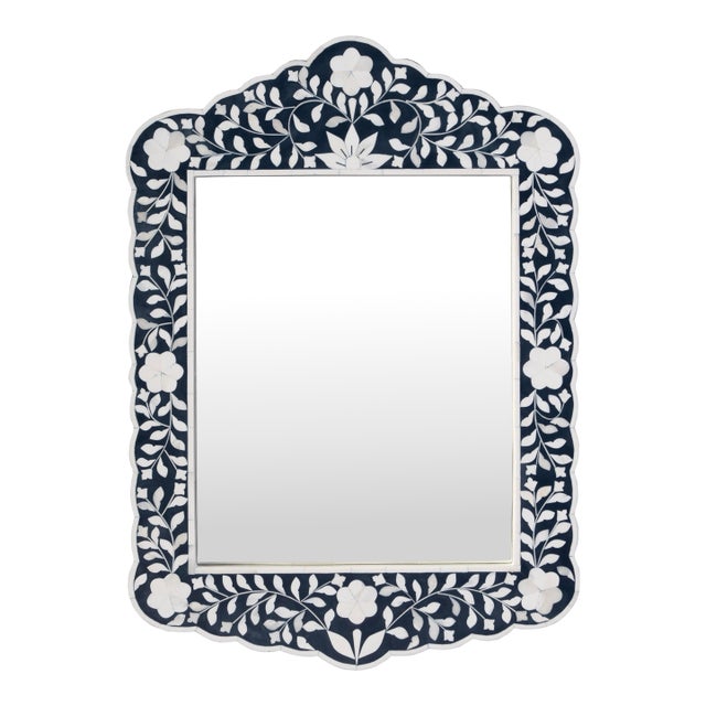 Vivienne 20 in. W x 28 in. H Bone Inlay Vertical Accent Wall Mirror, Navy Blue For Sale