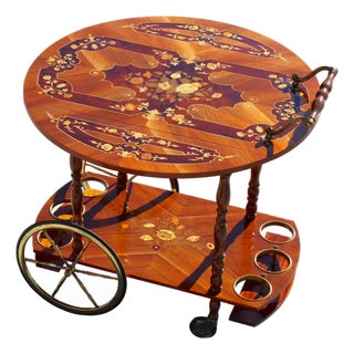 Italian Tea Cart - Mid-Century Sorrento-Style Marquetry Inlaid Wood & Brass Rolling Bar Cart - Made in Italy For Sale