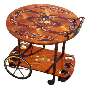 Italian Tea Cart - Mid-Century Sorrento-Style Marquetry Inlaid Wood & Brass Rolling Bar Cart - Made in Italy