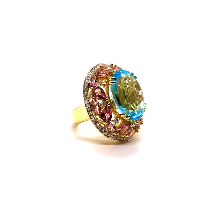Bochic “Orient” Vintage Diamond, Blue Topaz & Pink Tourmaline Ring Set 18K & Sil For Sale - Image 4 of 11
