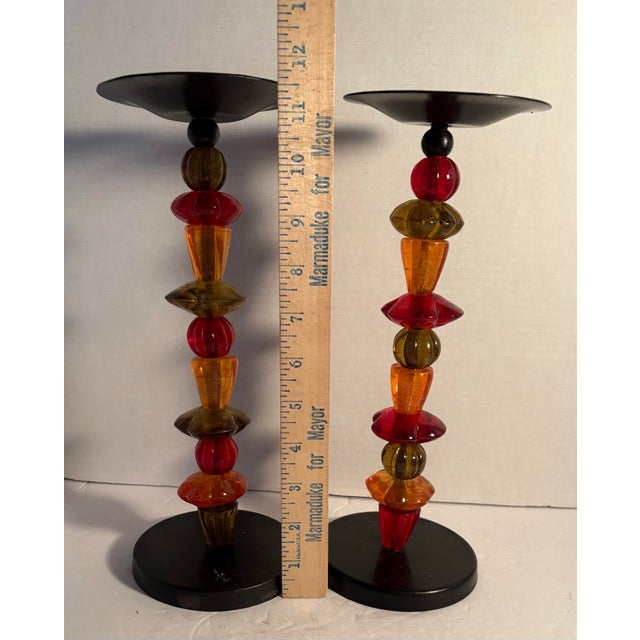 Mid 20th Century Vintage Art Deco Style Glass and Metal Multicolored Candlestick Holder Pair For Sale - Image 5 of 8