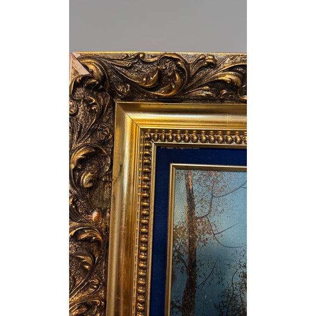 Mid 20th Century Signed Original Oil on Canvas Winter Landscape by Julian Rhinehardt – Ornate Gold Frame For Sale - Image 4 of 4