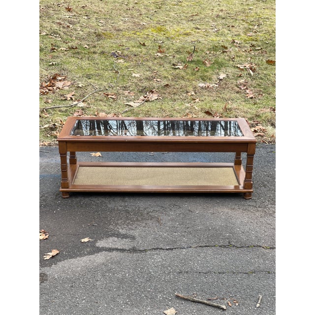 1950s Vintage Wood Two Tier Glass Top Coffee Table with Woven Jute