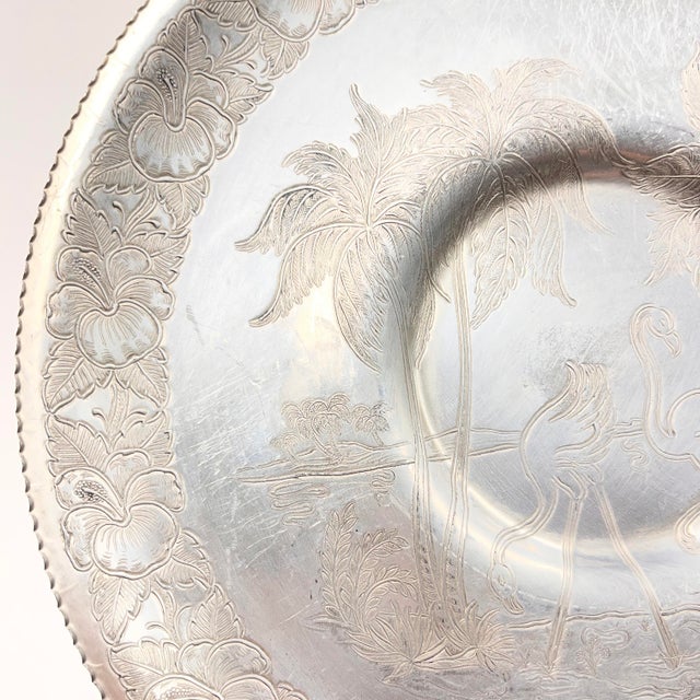 Very wonderful hammered aluminum metal tray depicting flamingos, palm trees and the state of Florida. Mid-century modern....