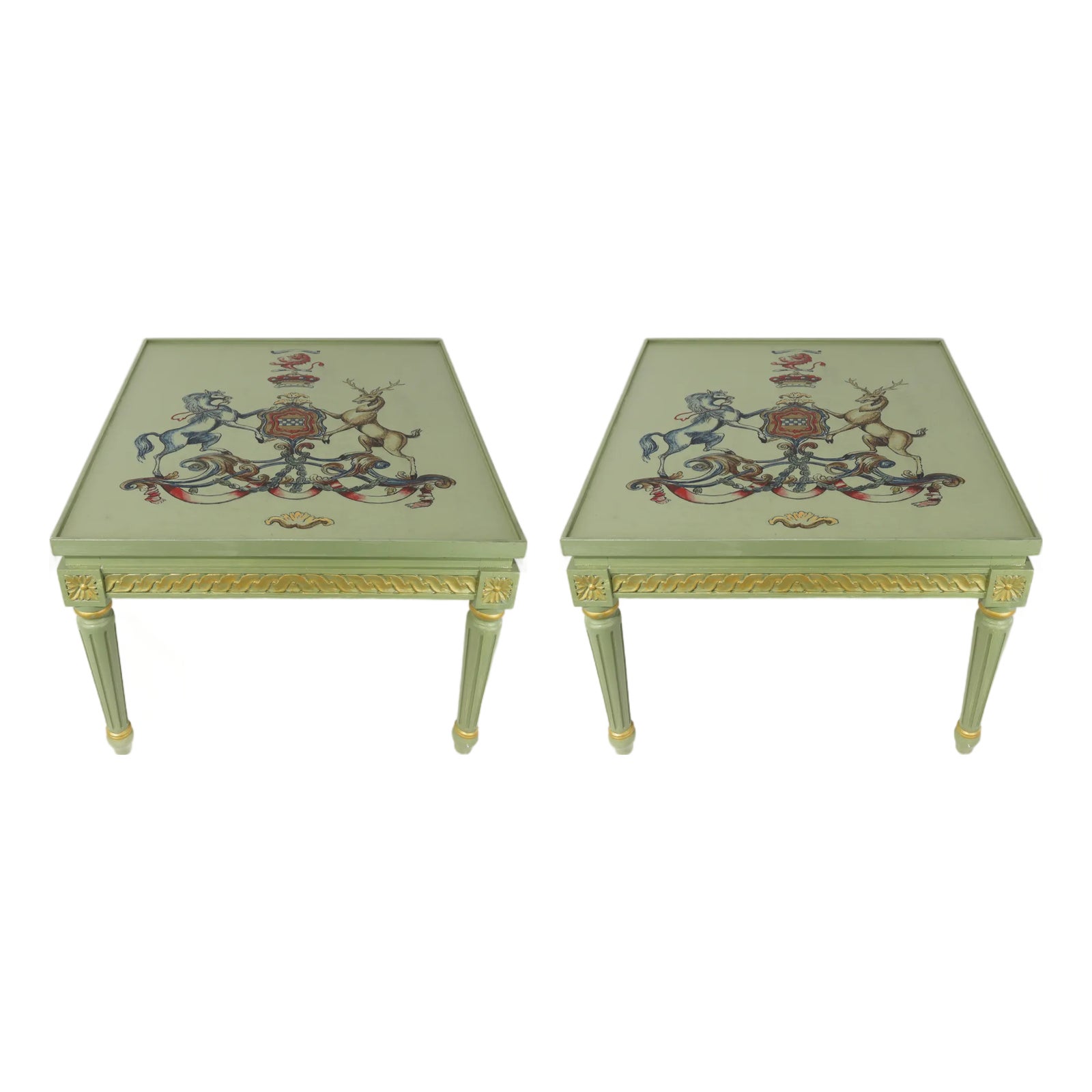 Pair of Vintage Hand-Painted Heraldic Crest Side Tables in Pale Green ...