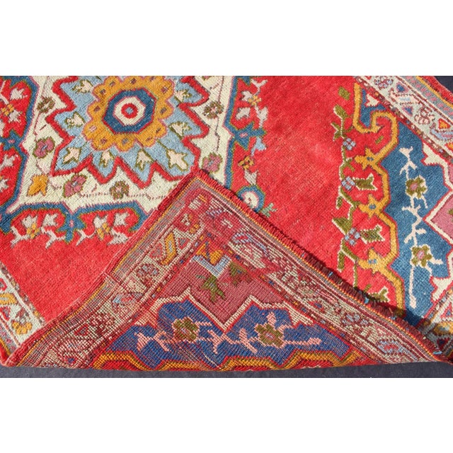 Antique Turkish Oushak Small Rug in Bright Red, Blue, Lavender, Orange & Green For Sale In Atlanta - Image 6 of 7