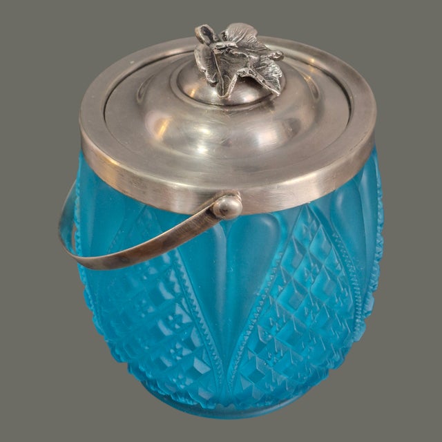 Antique Victorian Blue Frosted Satin Glass Silver Plated Lid Handle Biscuit Jar For Sale - Image 6 of 11