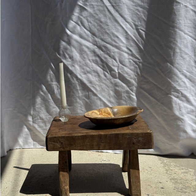Small rectangular teak stool in wabi-sabi style. Minimalist, raw design; a beautiful piece (thickness and quality of the...