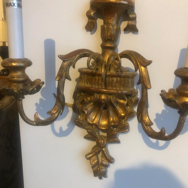 1990s Pair of Traditional Italian 2 Light Wood Carved Sconces For Sale - Image 5 of 12