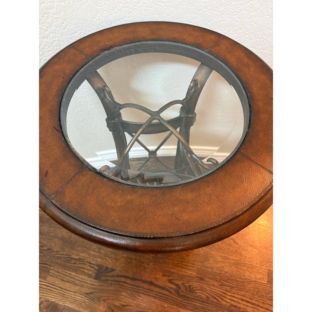 Coffee Vintage Leather & Antiqued Metal Side Table in the Style of Maitland-Smith For Sale - Image 8 of 12