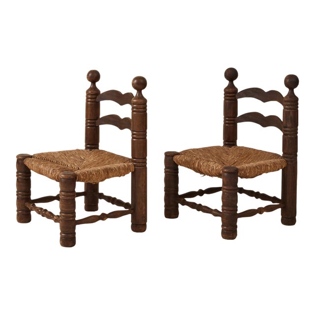 1960s Charles Dudouyt Brutalist Low Fireside Chairs, Oak and Rush, a Pair For Sale