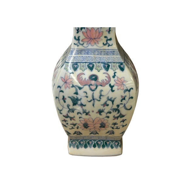 Vintage Oriental Porcelain White Blue Pink Color Flower Bats Graphic Art Vase For Sale - Image 10 of 10