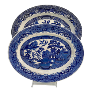 Mixed 1920s English Blue Willow Oval Serving Platters - Set of 2