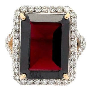 Big 14.54 CTW Garnet Halo Diamond Cocktail Ring Size 7 in 14k Gold For Sale
