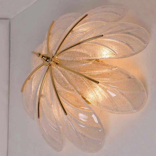 Metal Murano Glass and Brass Eight Leaves Chandelier, 1960s For Sale - Image 7 of 12