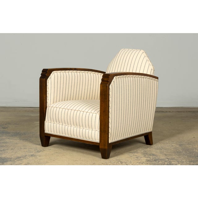 Pair of 1930s French Art Deco Oak Lounge Chairs in Blue Striped Fabric For Sale - Image 13 of 17