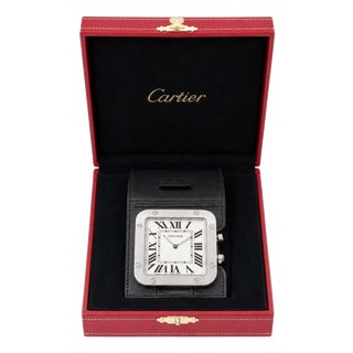 Swiss Santos Travel Alarm Clock in Steel with Black Leather Case from Cartier, 1980s, Set of 2 For Sale