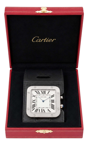 Swiss Santos Travel Alarm Clock in Steel with Black Leather Case from Cartier, 1980s, Set of 2