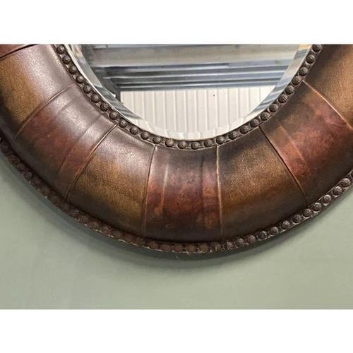Oval Studded Brown Leather Cushion Wall Mirror For Sale - Image 4 of 9