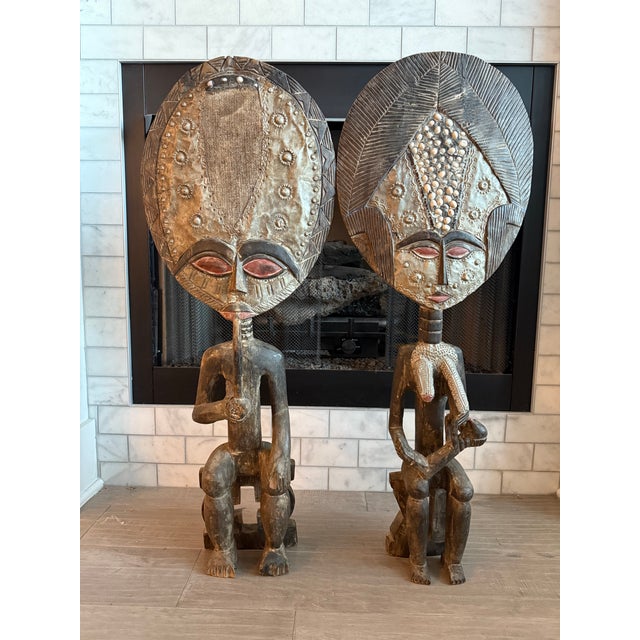Monumental Hand-Carved West African Figural Sculptures With Cowrie & Textile Masks — Pair For Sale - Image 4 of 15