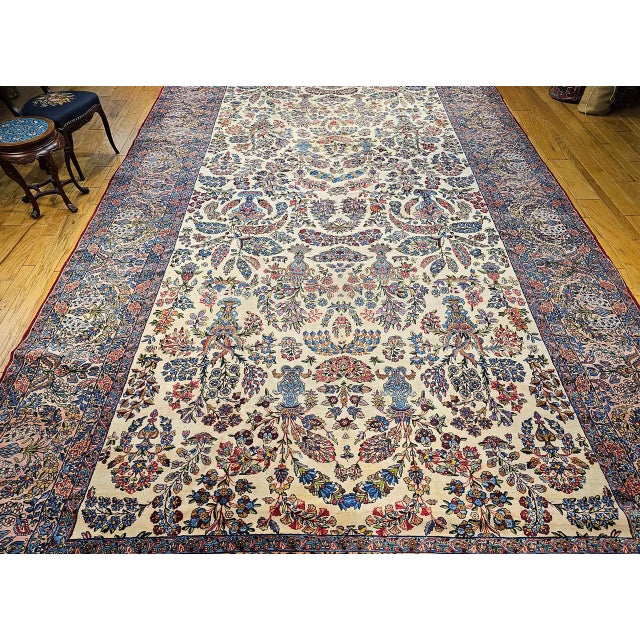 Textile Antique Oversized Persian Kerman Lavar Rug, Hand-Knotted Wool, Allover Floral Vase Pattern, Ivory & Pink, 11’ X 20’ For Sale - Image 7 of 18