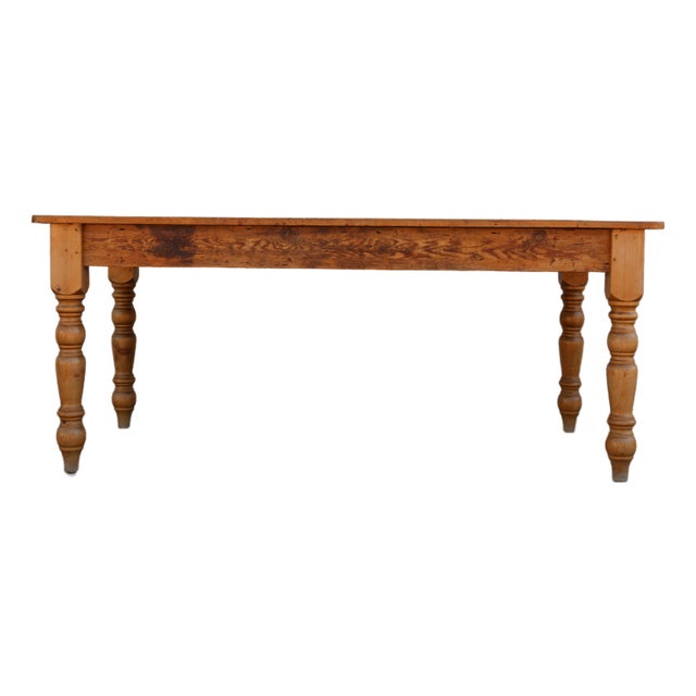 Vintage 1990s Solid Pine Farmhouse Dining Table With Plank Top & Turned Legs For Sale
