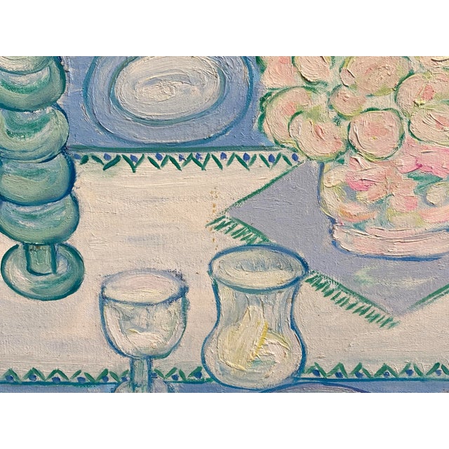 Post Impressionist 1960s Vintage Dining Room Table Still Life Oil Painting by Molly Schiff, Framed For Sale - Image 3 of 4