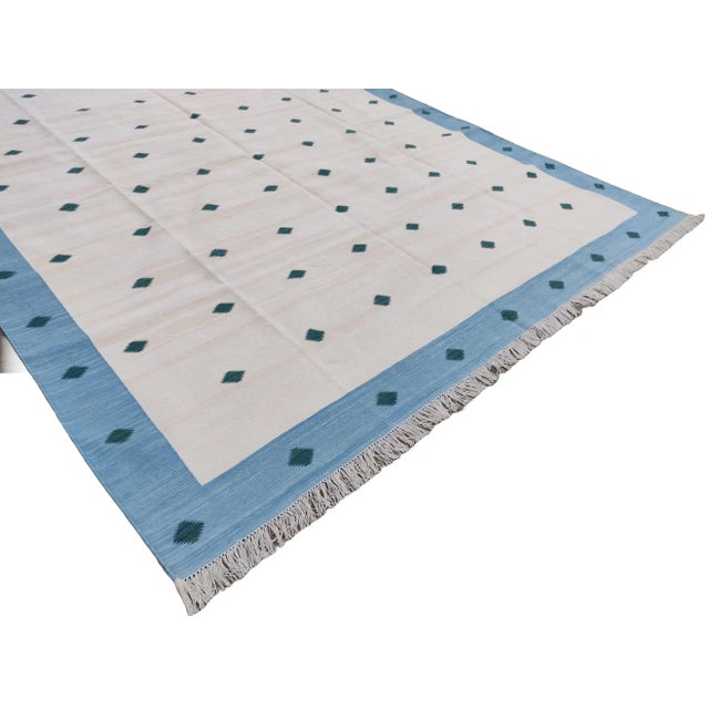Handmade Cotton Area Rug, Natural Vegetable Dyed White, Blue & Green Diamond Rug-5'x7' For Sale - Image 6 of 10