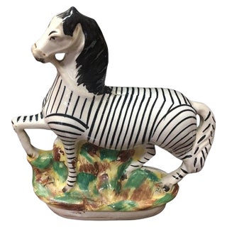 Staffordshire Porcelain Flatback Large Size African Zebra on Grassy Mound C1850 For Sale