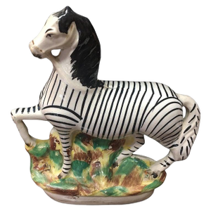 Staffordshire Porcelain Flatback Large Size African Zebra on Grassy Mound C1850