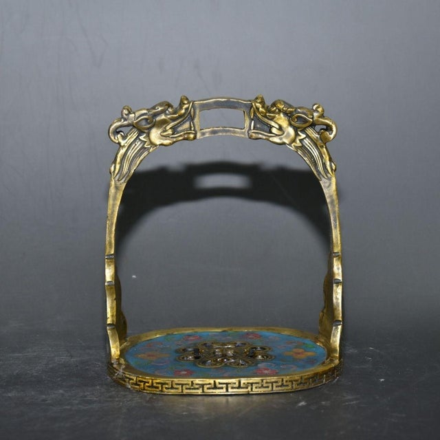 Metal Pair of Antique Cloisonné Enamel Stirrups With Dragon Motif, 1.89kg For Sale - Image 7 of 8