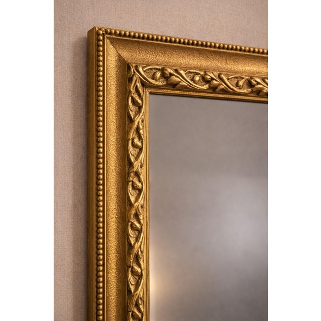 Large Hollywood Regency Style Gilt Wall Mirror – Textured Sunlit Brass Frame – 52” X 34.5” – Decorative Beaded Frame For Sale In Los Angeles - Image 6 of 7