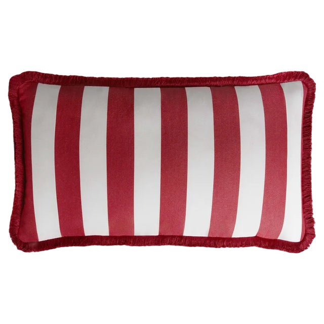 Striped Outdoor Happy Cushion Cover in Red and White with Fringes from Lo Decor For Sale