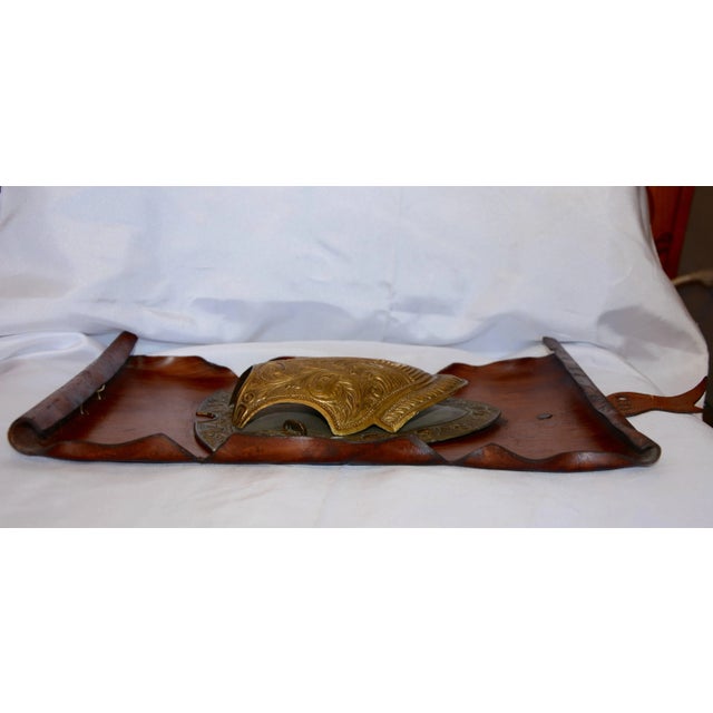 Gold Vintage Bronze Shield on Rustic Leather Scroll Wall Hanging For Sale - Image 8 of 10
